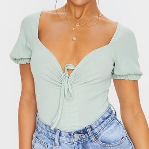 PLT Sage Khaki Rib Ruched Front Short Sleeve Bodysuit